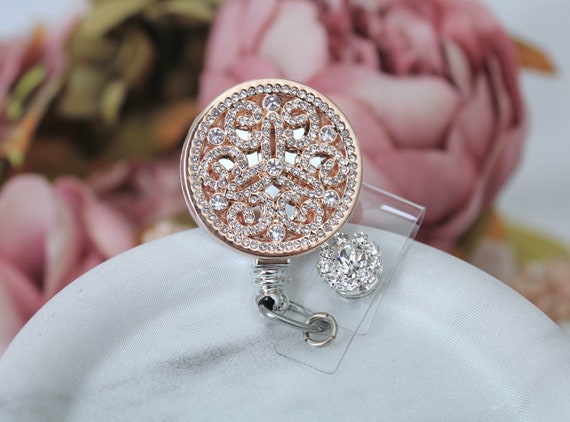 Retractable ID Badge Holder Rose Gold Rhinestone Bling ID Badge Reel With  Rhinestone Accent -  Canada