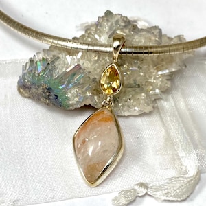 Rare Hematiod Quartz / Fire Quartz w/ Citrine Pendant .925 Sterling Silver w/ lemurian Seed Crystal, Healing Gift Set