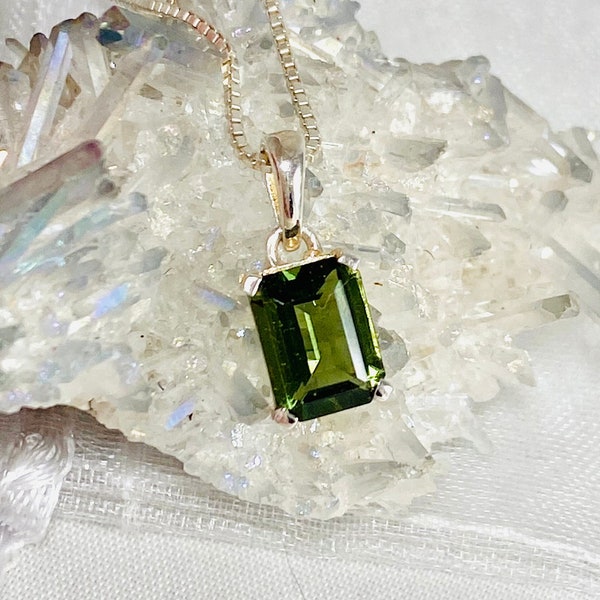 TOP GRADE! Genuine Faceted Czech Moldavite meteorite sterling silver necklace with Lemurian quartz crystal, healing jewelry.