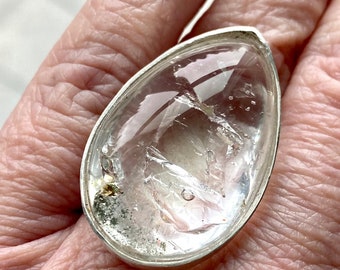 Large Enhydro Quartz Crystal Ring: .925 Sterling Silver Adjustable Band