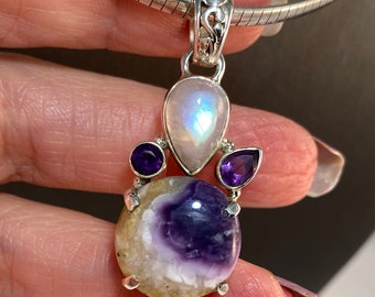 Violet Flame Opal Pendant: Rainbow Moonstone, Amethyst, Sterling Silver - Lemurian Seed Crystal Gift Set