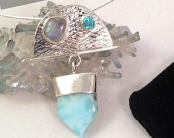 Larimar Pendant w/Rainbow Moon Stone & Blue Topaz , sterling silver with Lemurian quartz crystal, healing jewelry.
