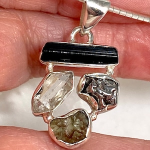 Moldavite Herkimer Diamond Pendant: Black Tourmaline Meteorite, Sterling Silver