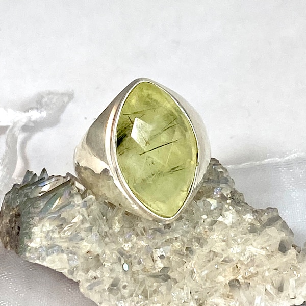 Heals Healer Prehnite Epidote Checker cut Solid Sterling Ring Sz.9.25  w/Lemurian crystal, Angelic Reiki Infused  healing gift set