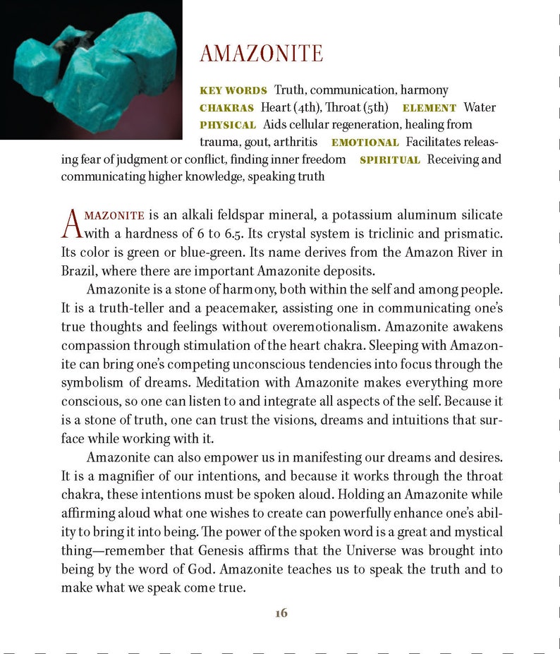 K&ouml;nnte beinhalten: Ein gr&uuml;n-blauer Amazonit-Kristall, ein Kalium-Aluminium-Silikat mit einer H&auml;rte von 6 bis 6,5. Der Text "Amazonite" ist in gro&szlig;er Schrift oben im Bild geschrieben. Der Text "KEY WORDS Truth, communication, harmony" ist unter dem Titel geschrieben. Der Text "CHAKRAS Heart (4th), Throat (5th) ELEMENT Water" ist unter den Schl&uuml;sselw&ouml;rtern geschrieben. Der Text "PHYSICAL Aids cellular regeneration, healing from trauma, gout, arthritis EMOTIONAL Facilitates releasing fear of judgment or conflict, finding inner freedom SPIRITUAL Receiving and communicating higher knowledge, speaking truth" ist unter den Chakren und dem Element geschrieben.