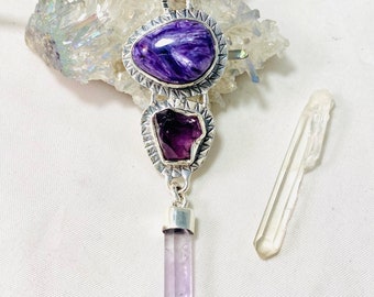 Soul Path Attunement! Beautiful Russian Charoite Dangle pendant, w/Amethyst Point .925  w/Lemurian seed crystal, infused w/Angelic Blessings