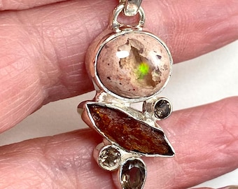 HIGH VIBE!! Rare Mexican Fire Opal, Orange Kyanite Smoky Quartz, Sterling Pendant with Lemurian quartz crystal, healing jewelry