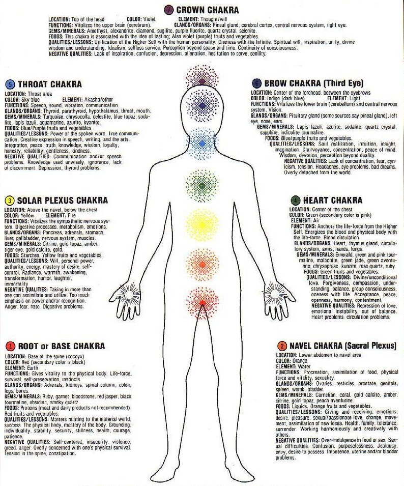 May include: Diagram of the seven chakras, showing their location on the body, color, element, functions, glands, organs, gems, minerals, foods, qualities, and negative qualities. The chakras are: Crown, Brow, Throat, Solar Plexus, Heart, Navel, and Root.