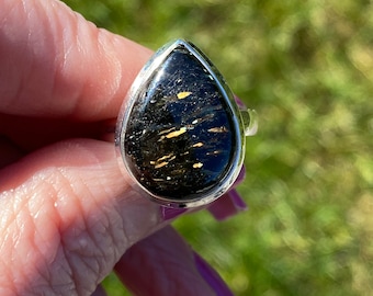 Nuummite Sterling Silver Ring: Greenland Sorcerer's Stone, Lemurian Quartz Gift Set