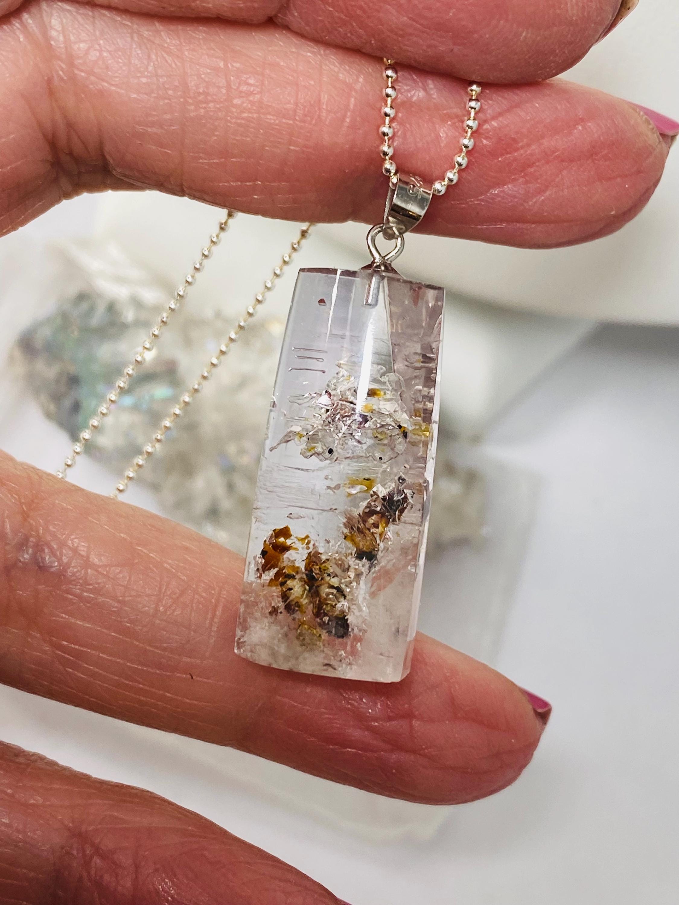 Extraordinary Lumi Golden Enhydro Quartz Crystal, Sterling Silver Pendant w/Lemurian quartz crystal,healing jewelry.