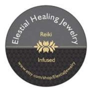 May include: A black and gray circle with the text "Elestial Healing Jewelry" in white. The text "Reiki Infused" is also in white. The text "www.etsy.com/shop/ElestialJewelry" is in white.