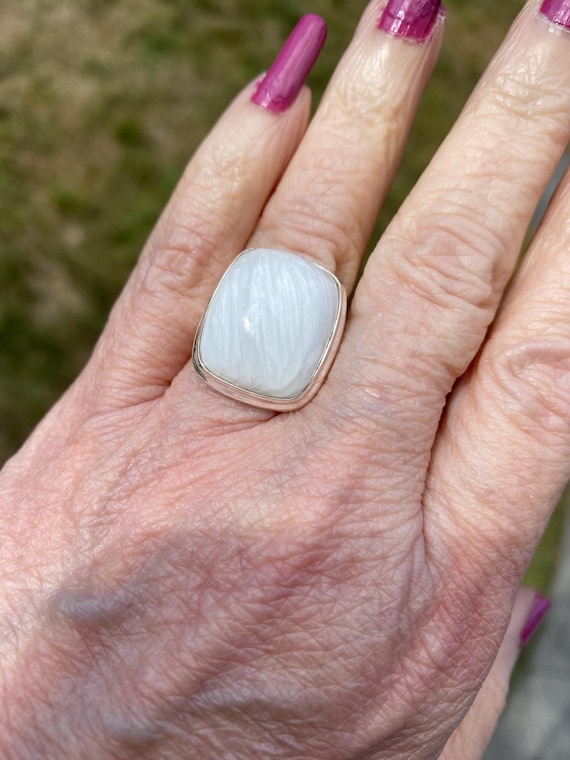 Angelic Scolecite, Sterling Silver Ring Sz 9 with  Lemurian quartz crystal,  jewelry