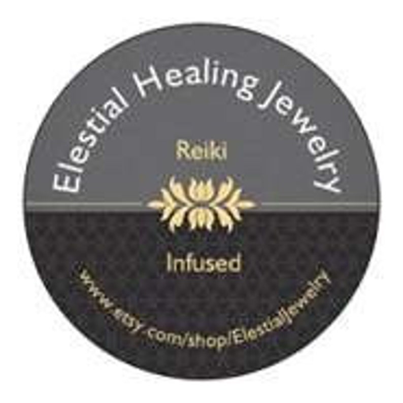 May include: A black and gray circle with the text "Elestial Healing Jewelry" in white. The text "Reiki Infused" is also in white. The text "www.etsy.com/shop/ElestialJewelry" is in white.