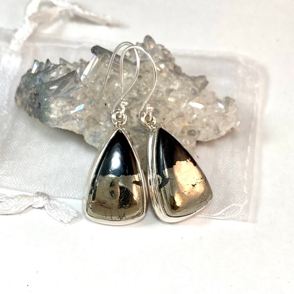 ELEGANT Healers Gold, Pyrite in Magnetite, Sterling Silver Earrings with Lemurian quartz crystal, healing jewelry.