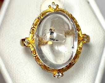 Enhydro Quartz Crystal Ring: Black Sand, White Zircon, Sterling Silver, Adjustable