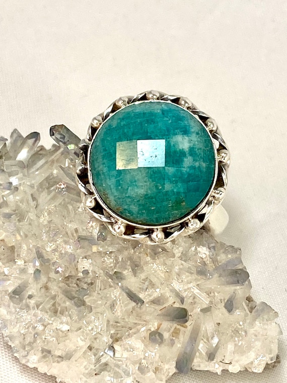 Peruvian Amazonite Sterling Silver Ring: Faceted Checkerboard, Size 9.75