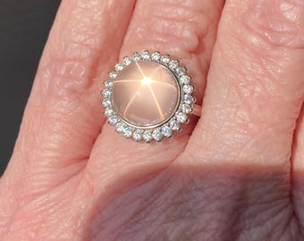 Portador da Luz, lindo anel de quartzo rosa e zircônia branca em prata esterlina com cristal de quartzo Lemuriano, joia.