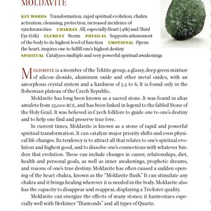 May include: A close-up of a green Moldavite crystal, a type of tektite, known for its spiritual properties. The text describes Moldavite as a stone of rapid spiritual evolution, transformation, and cleansing. It is said to attract all that relates to one's spiritual evolution and highest good.