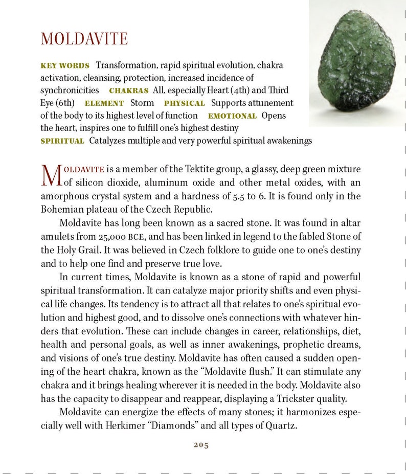 May include: A close-up of a green Moldavite crystal, a type of tektite, known for its spiritual properties. The text describes Moldavite as a stone of rapid spiritual evolution, transformation, and cleansing. It is said to attract all that relates to one's spiritual evolution and highest good.