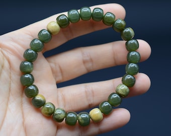 A Hand Carved Chinese Hemo Pebble Nephrite Bracelet-Lake Green #YXB-008