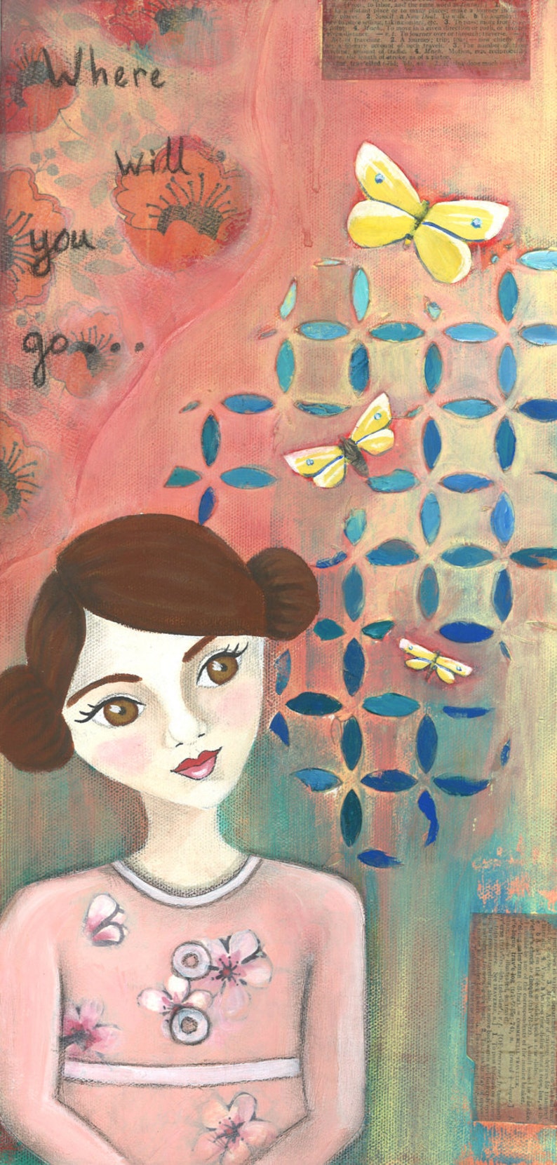 Original Mixed Media Painting Girl with butterflies travel Etsy