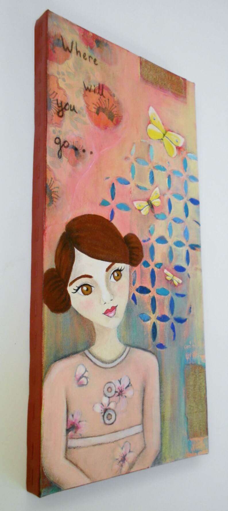 Original Mixed Media Painting Girl with butterflies travel Etsy