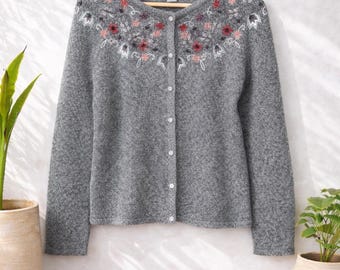 Cárdigan vintage Christopher & Banks 2005 con bordado floral / Suéter de mezcla de lana de angora / Estilo cottagecore romántico boho / Talla grande para mujer