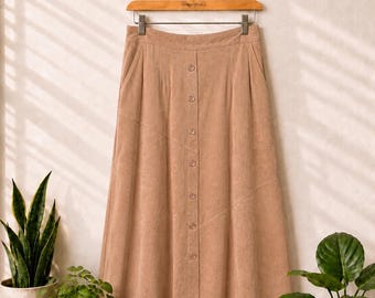 Falda larga vintage de los 90, estilo Y2K, marca Bug, color camel cálido, imitación de gamuza, cierre de botones delanteros, cintura elástica, talla 14/16W