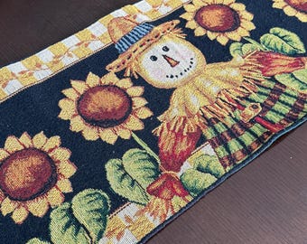 Vintage Fall Scarecrow Table Runner Sunflowers Autumn Tapestry Harvest Thanksgiving Country Farmhouse Decor