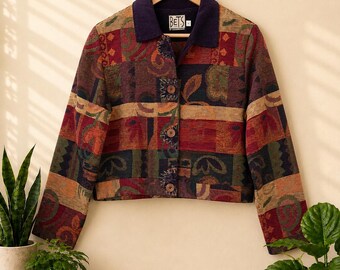 Chaqueta corta de tapicería estilo años 90 de Bets by Canvasbacks / Patchwork abstracto bohemio del suroeste / Talla pequeña