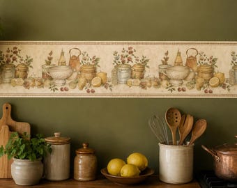 Vintage Cottage Küchen Tapete Bordüre Rolle | Vorgeklebte Vinyl Country Küchenleiste | Teekanne Zitrone Blumenmuster Tapete Bordüre Bauernhaus Dekor