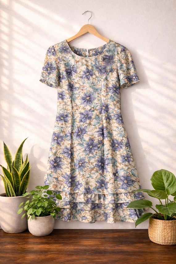 Vintage 90s Floral Mini Dress | Ruffle Hem Cottagecore | Womens Size 4
