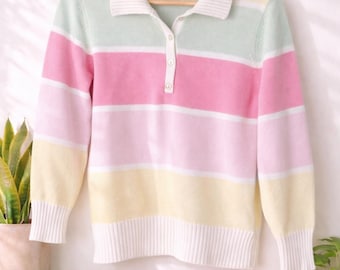 Maglione vintage in cotone a righe pastello anni '90 / Stile golf preppy costiero / Maglia con colletto primaverile e maniche a 3/4 / Taglia media da donna
