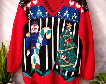 Vintage “Ugly” Christmas Sweater | Nutcracker & Christmas Tree | Beaded Holiday Knit | Size Small