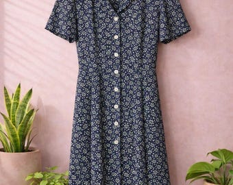 Vintage Navy Floral Midi Dress | Green Daisy Print Collared Button Front Tie Waist Cottagecore Teacher Dress
