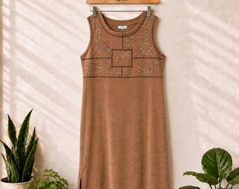 Vestido largo sin mangas estilo vintage Y2K de piel sintética marrón con estampado de ciervo blanco y bordado floral / Estilo western bohemio suave / Talla M (8/10)