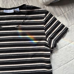 Y2K Inspired Black and Beige Striped Ribbed Tee | Croft & Barrow Stretch | Size Small