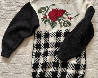 Vintage 80’s Roses Houndstooth Studio Michelle Stuart Chunky Knit Long Sweater Size Medium