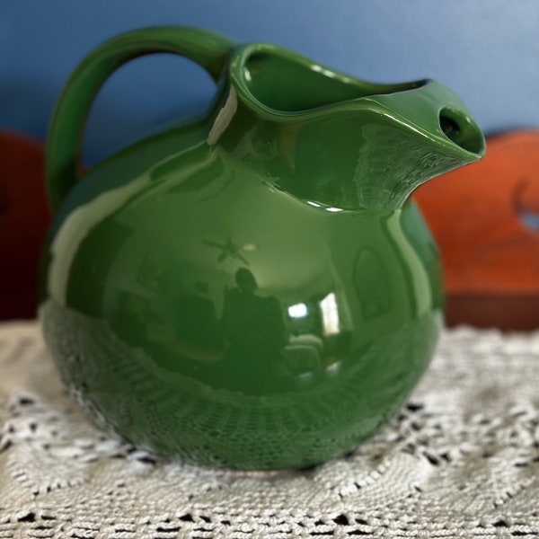 Vintage 1950’s Large Mid Century Hunter Green Oxford Ware Pottery Ball Pitcher USA