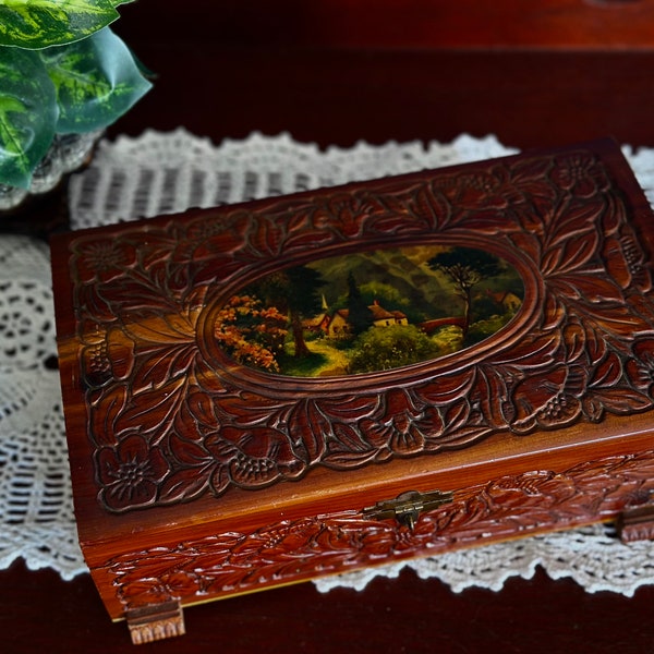 Vintage Hand Carved Cedar Wood Trinket Jewelry Box | Intricate Floral Detail w/ Mirror