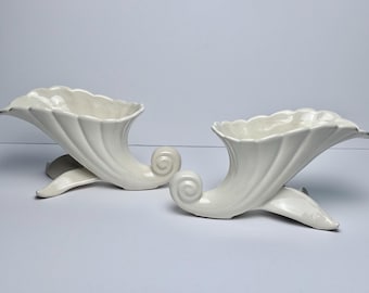 Vintage 1940s Abingdon Pottery Cornucopia Vase | Art Deco Ceramic Planter - Two Available