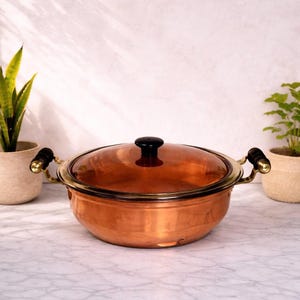 Vintage Coppercraft Guild Footed Chafing Dish with Pyrex Glass Insert | Mid Century Buffet Server