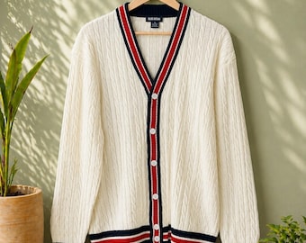 Vintage 90er Jahre Ivory Zopfmuster Cardigan Pullover XL Preppy Coastal Style XL
