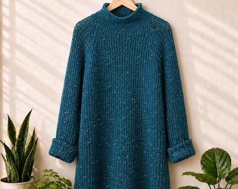 Vintage 90s Teal Confetti Knit Rolled Mock Neck Sweater Grandpa Core Cabin Core Size Large