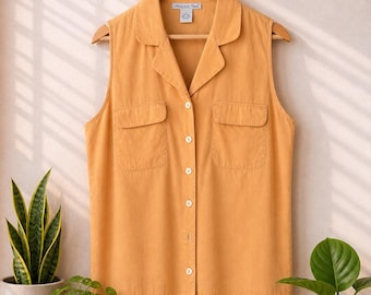 Vintage 90er Jahre 100% Seide Ärmellose Bluse Pfirsich Orange Knopfleiste Damen Große minimalistische Küsten