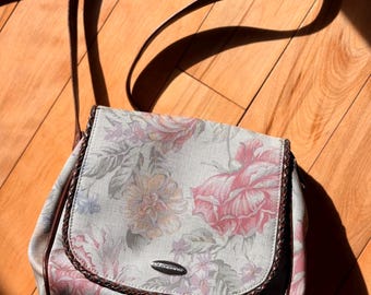 Vintage 90s Liz Claiborne Floral Tapestry Crossbody Bag | Cottagecore Canvas Purse Brown Leather Trim Shoulder Bag