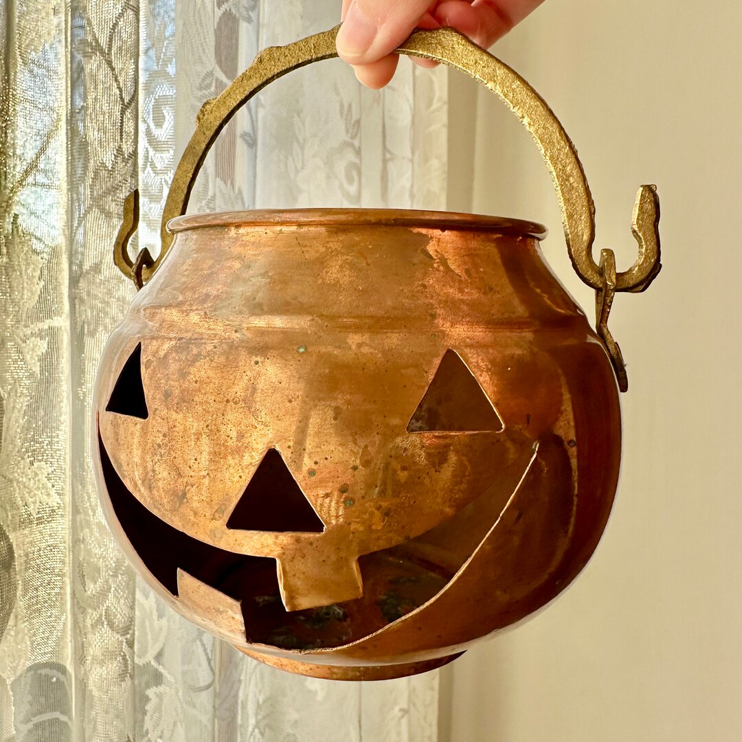Vintage Copper Jackolantern Pumpkin With Brass Handle Made Etsy