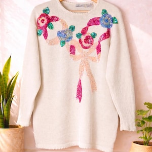 Vintage 80s Kathie Lee Sequin Floral Sweater Ramie Cotton Embellished Bow Romantic Whimsical Cottagecore Oversized Knit Top