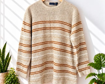 Vintage Y2K Crazy Horse Striped Sweater Oatmeal Rust Cotton Blend Pullover Large