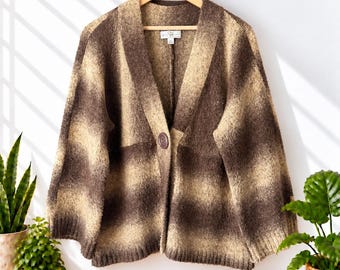 Vintage 90s Y2K Grunge Cardigan Brown Olive Green Striped Oversized Sweater PL